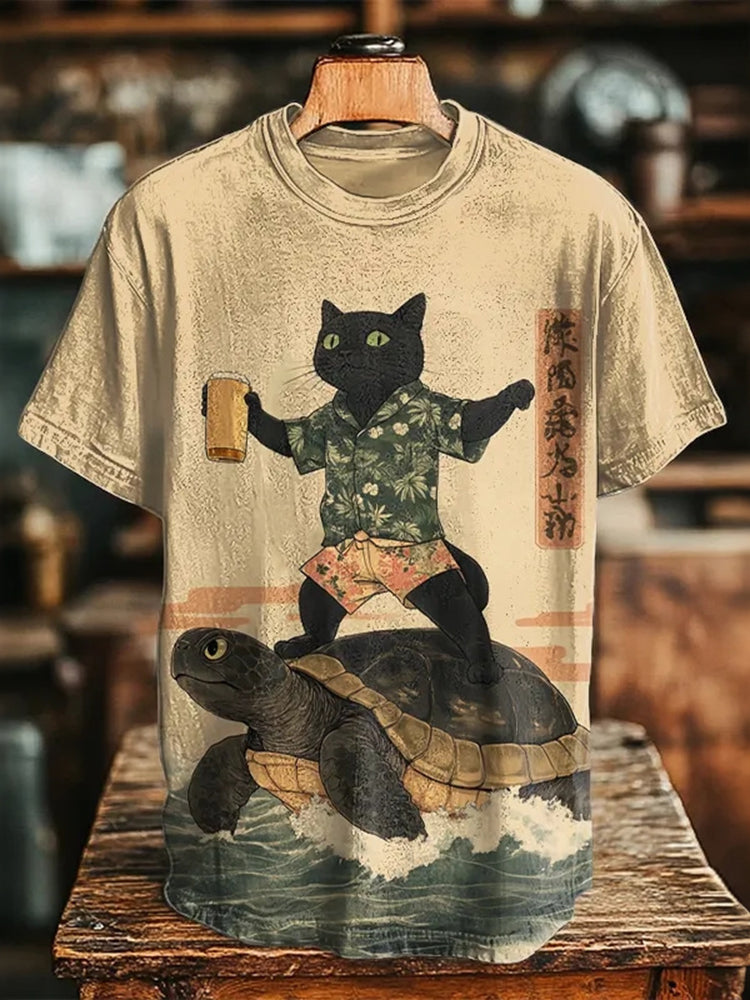 Men's Black Cat Surfing On A Turtle Print Casual T-shirt
