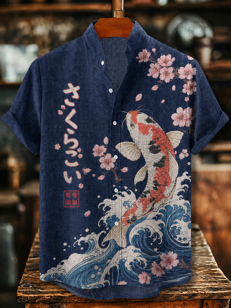 Men's Japanese Ukiyo-e Style Koi Fish And Cherry Blossom Print Short Sleeve Linen Shirt