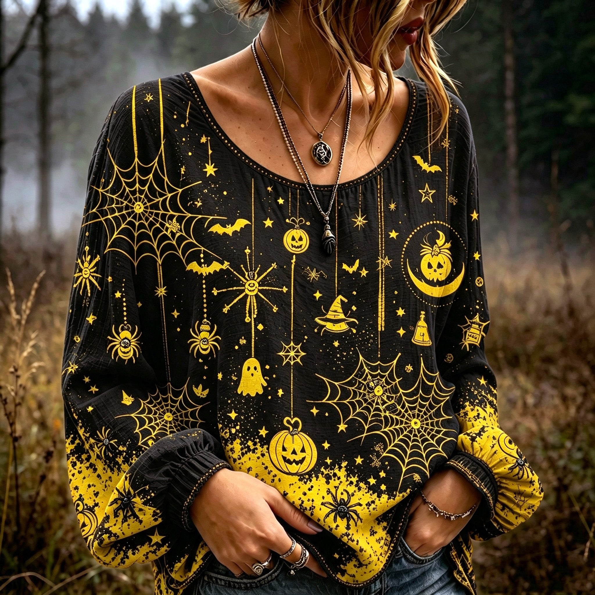 Women's Halloween-themed Spiderweb And Pumpkin Embroidered Print Top
