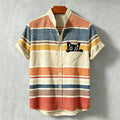 Men's Casual Retro Striped Black Cat Short-sleeve Cotton Linen Shirt