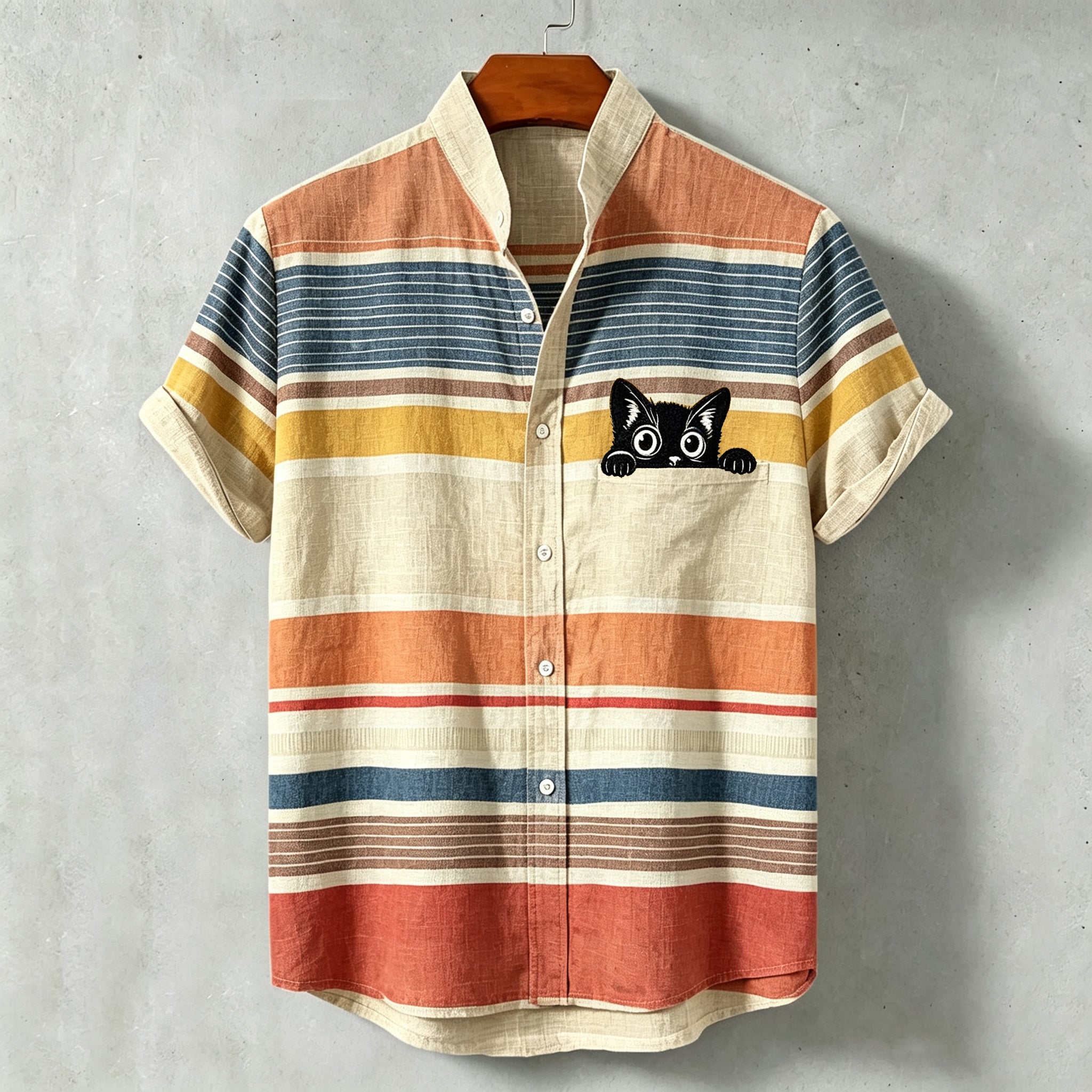Men's Casual Retro Striped Black Cat Short-sleeve Cotton Linen Shirt