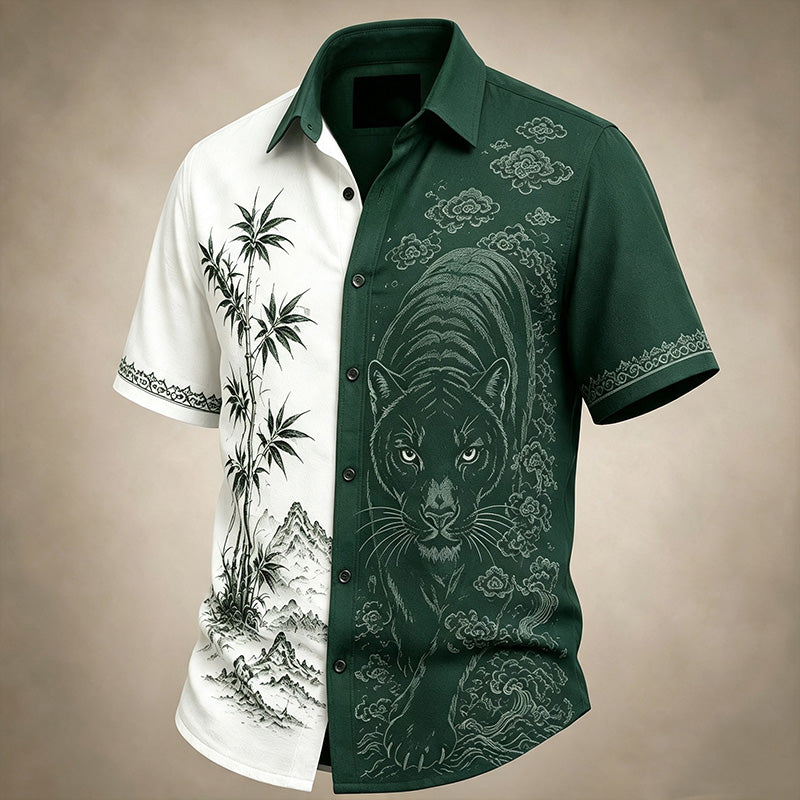 Men's Black Panther And Landscape Japanese Art Print Casual Shirt