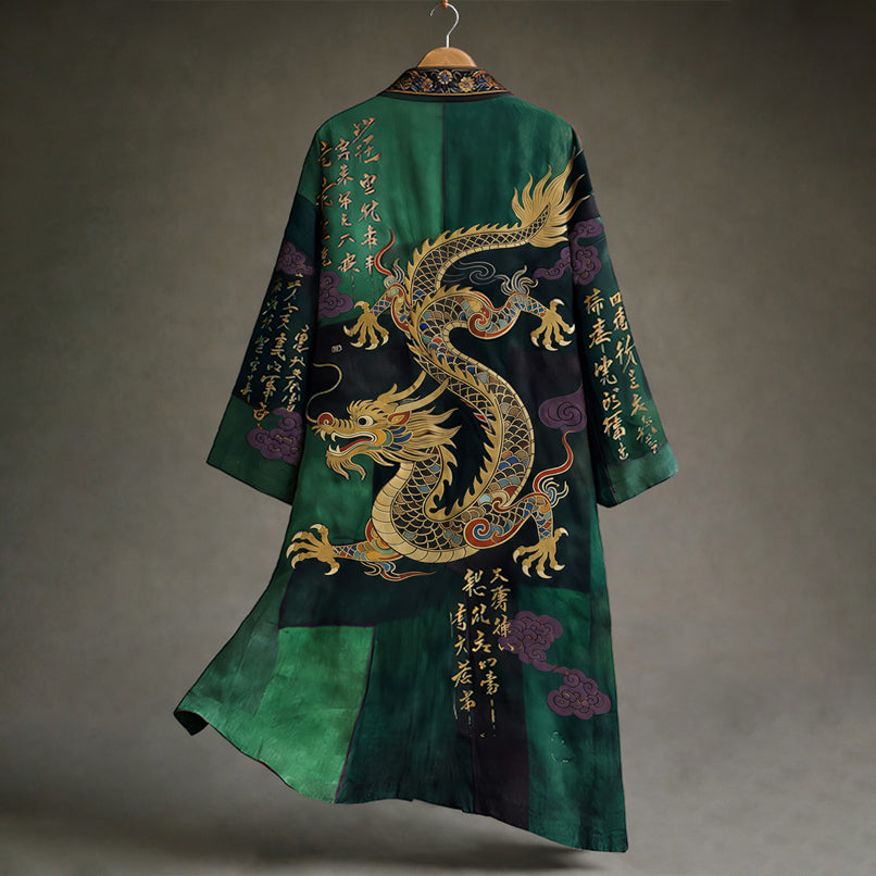 Men's Vintage Japanese Calligraphy Dragon Art Pattern Linen Blend Kimono