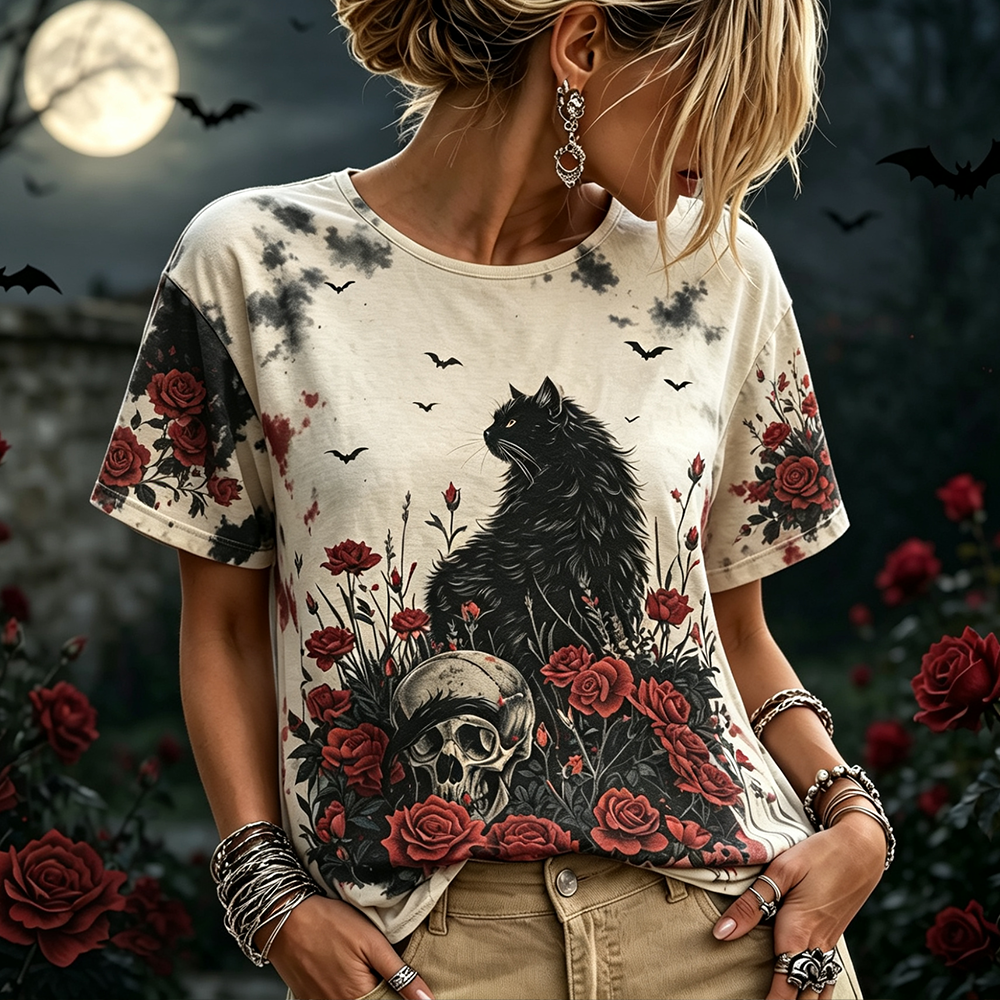 Women's Vintage-style Crewneck T-shirt With Black Cat, Skull, And Red Rose Garden Print