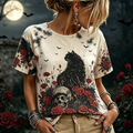 Women's Vintage-style Crewneck T-shirt With Black Cat, Skull, And Red Rose Garden Print