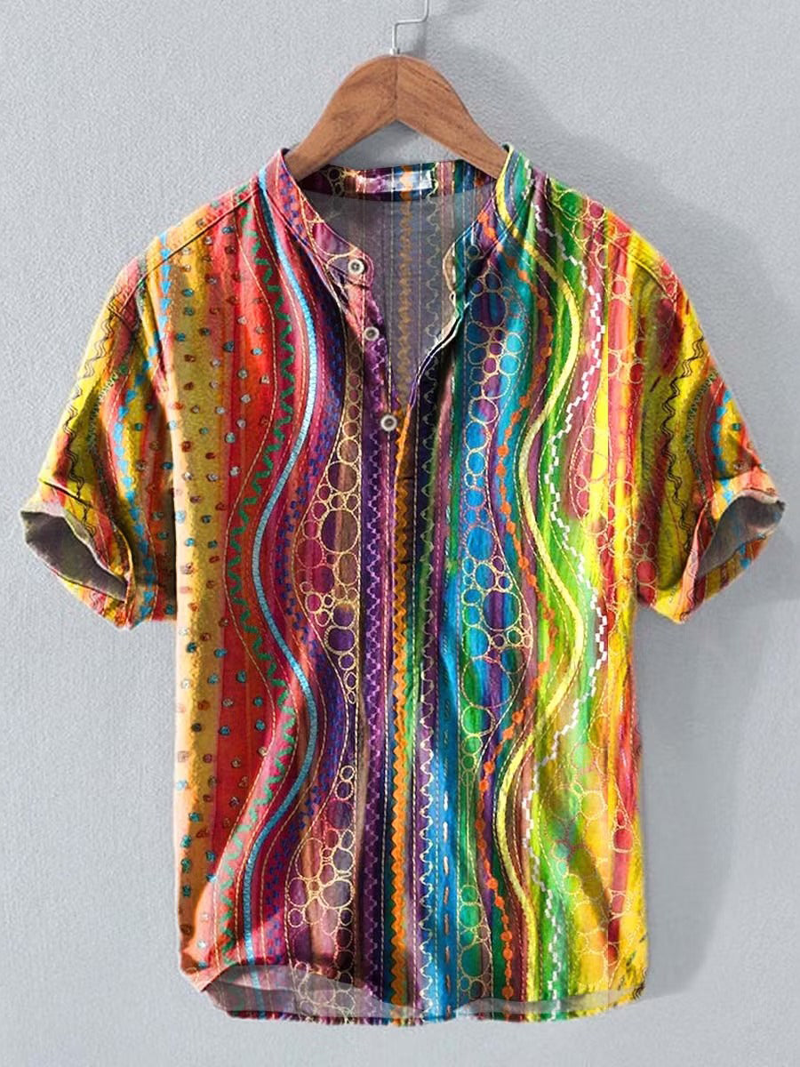 Men's Retro Gradient Stripes Linen Blend Short-sleeve Shirt