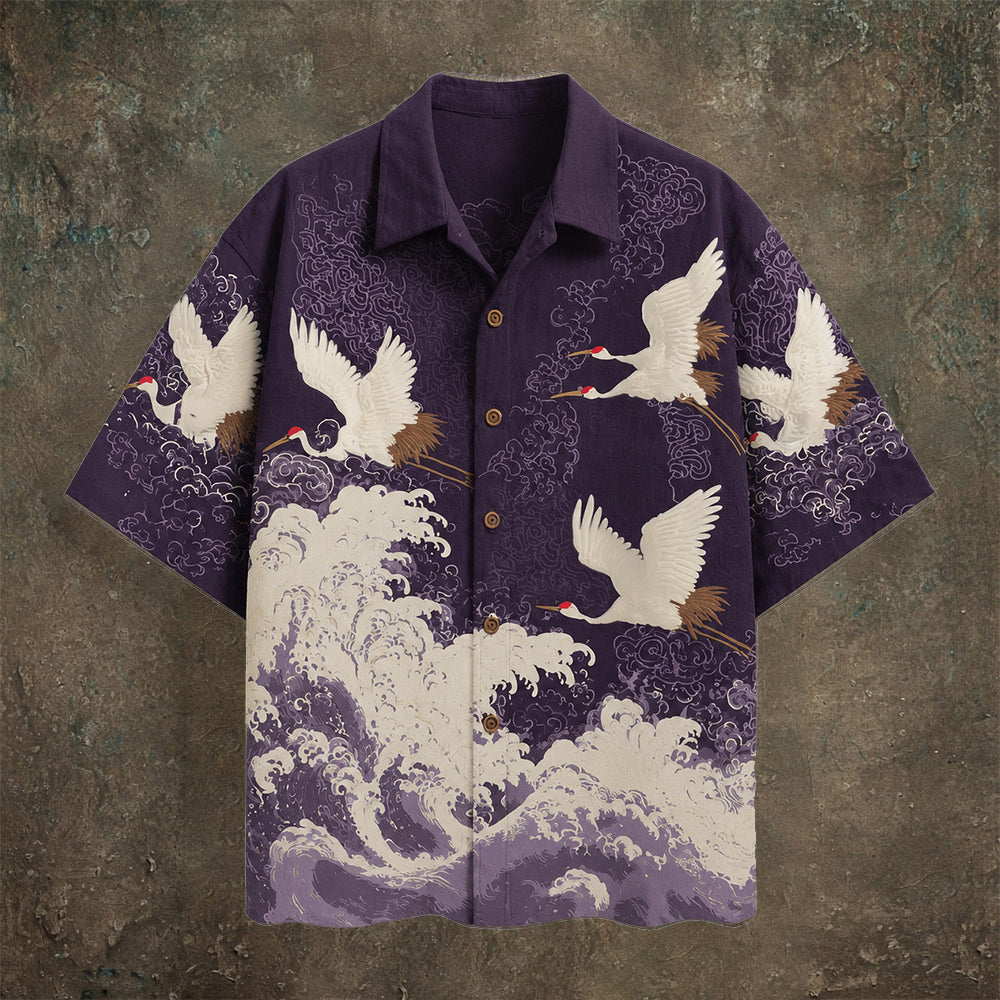Japanese Wave & Crane Men's Casual Linen Short Sleeve Shirt