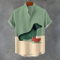 Vintage Dachshund Patchwork Art Print Casual Cotton Linen Shirt