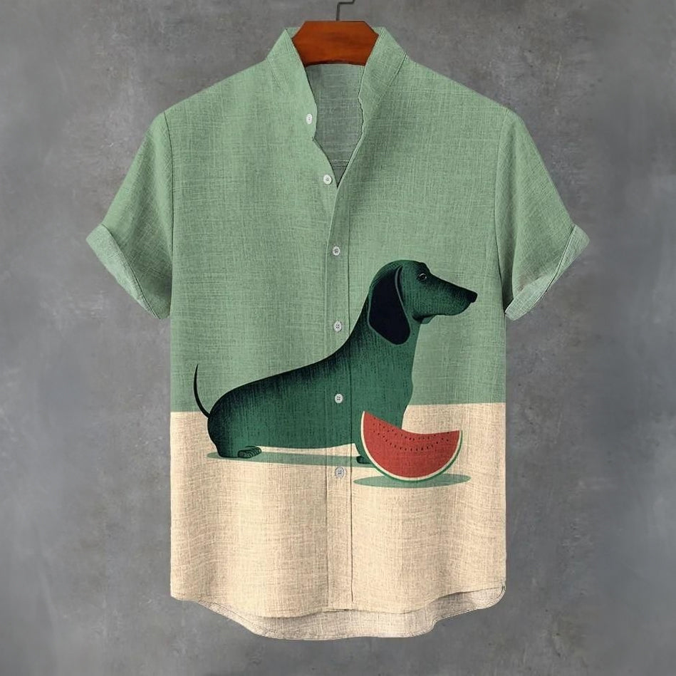 Vintage Dachshund Patchwork Art Print Casual Cotton Linen Shirt
