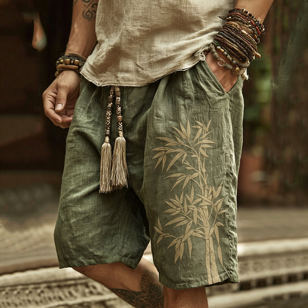 Japanese Bamboo Art Print Linen Blend Casual Shorts