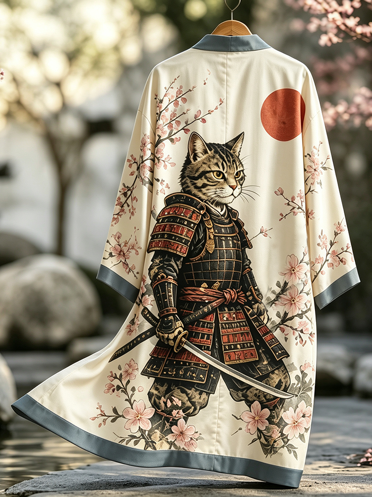 Men's Button-up Short-sleeve Shirt With Samurai Cat And Cherry Blossom Graphic Print