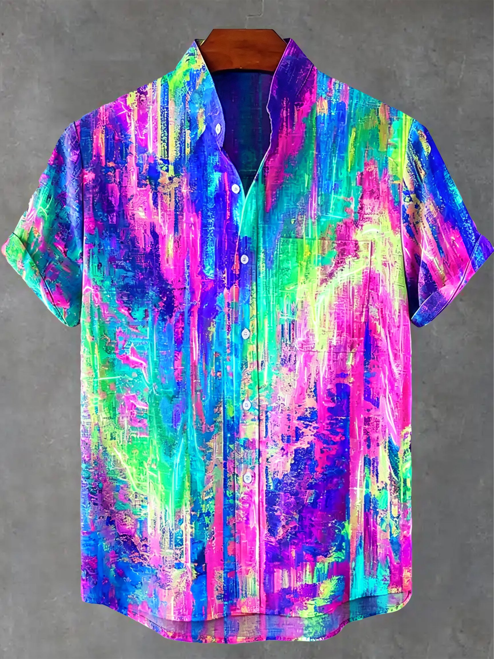 Vintage Rainbow Mottled Art Cat Print Casual Cotton Shirt
