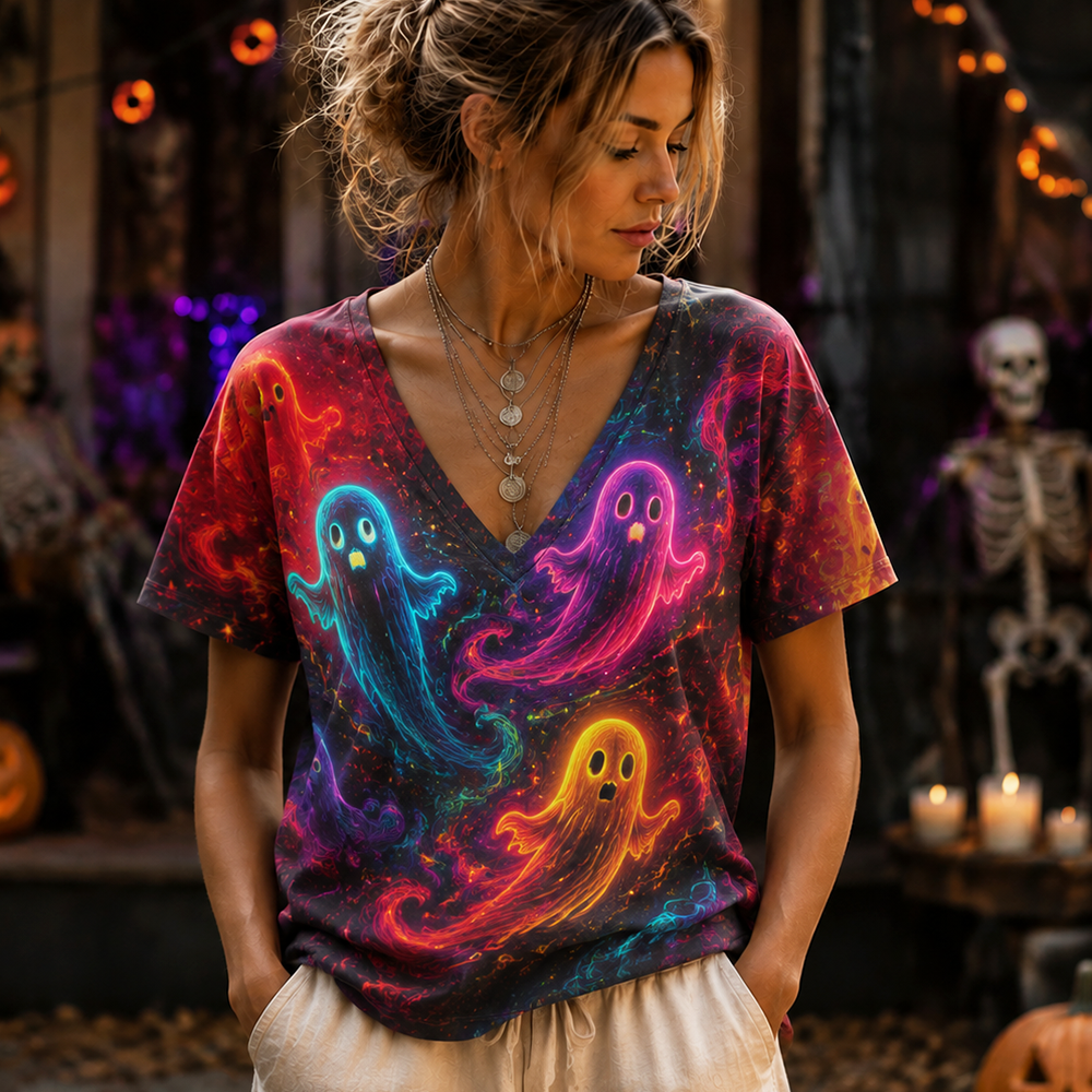 Women's V-neck T-shirt With Colorful Neon Ghost Graphic Print