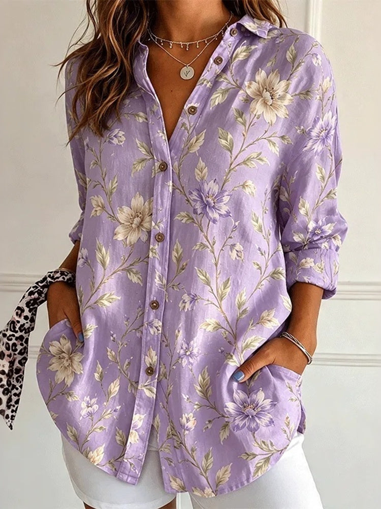 Women's Purple Vintage Floral Print Lapel Pocket Long Sleeve Button Up Shirt