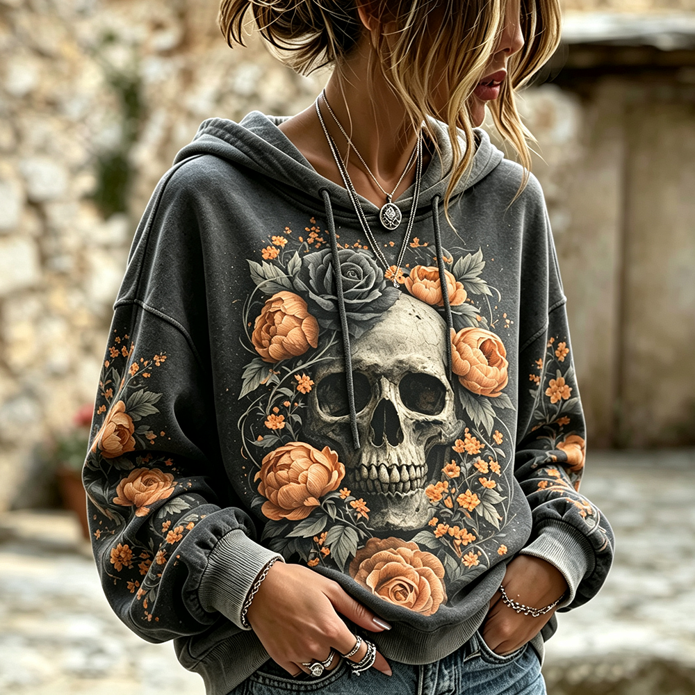 Women's Hoodie Sweatshirt With Floral Skull And Orange Rose Graphic Print