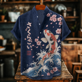 Men's Japanese Ukiyo-e Style Koi Fish And Cherry Blossom Print Short Sleeve Linen Shirt