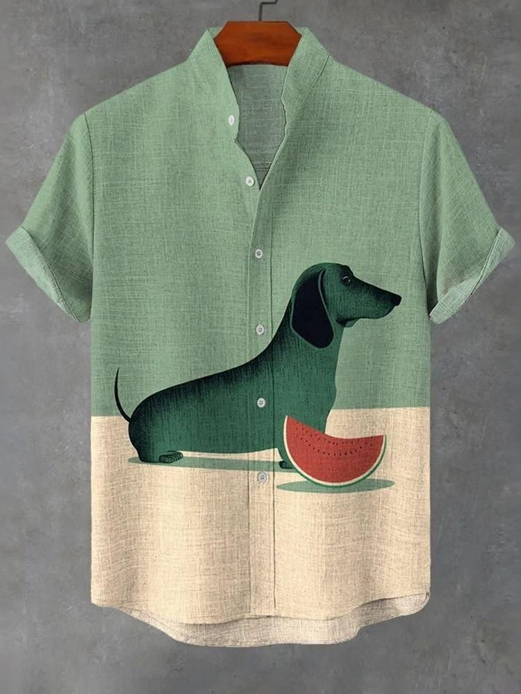Vintage Dachshund Patchwork Art Print Casual Cotton Linen Shirt