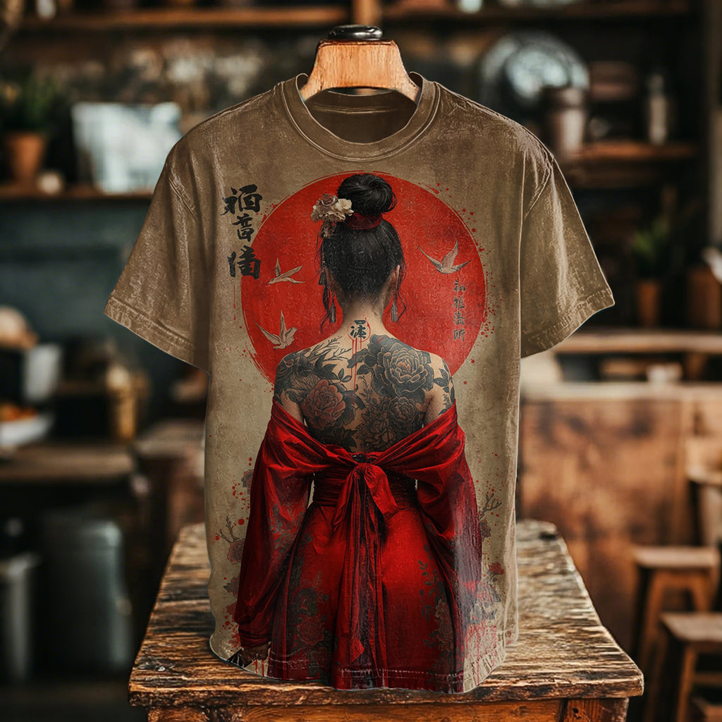 Vintage Elegant Japanese Cool Warrior Girl Art Print T-shirt