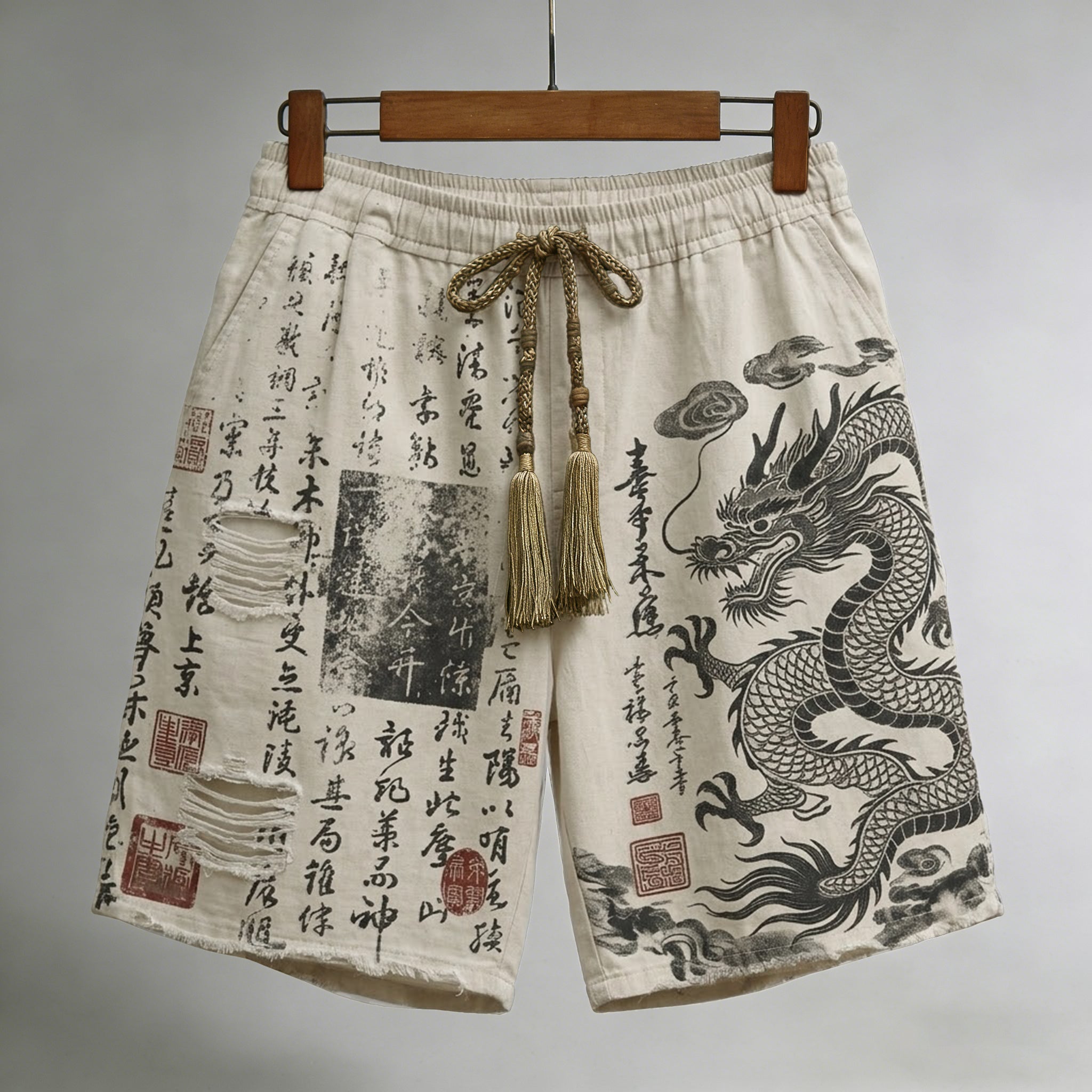 Men's Calligraphy With Dragon Art Pattern Linen Blend Casual Shorts
