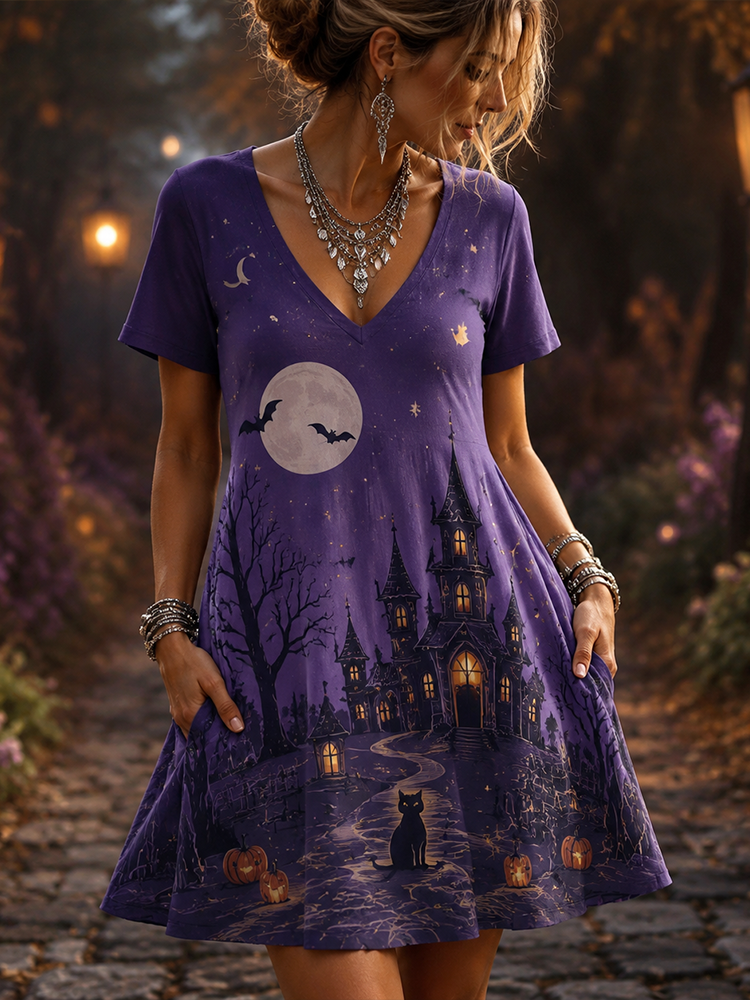 Women's Gothic Purple Halloween Haunted House, Moon And Black Cat Short Sleeve T-shirt Dress