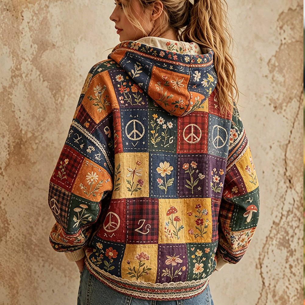 Women's Vintage Peace Sign And Floral Art Patchwork Print Hoodie