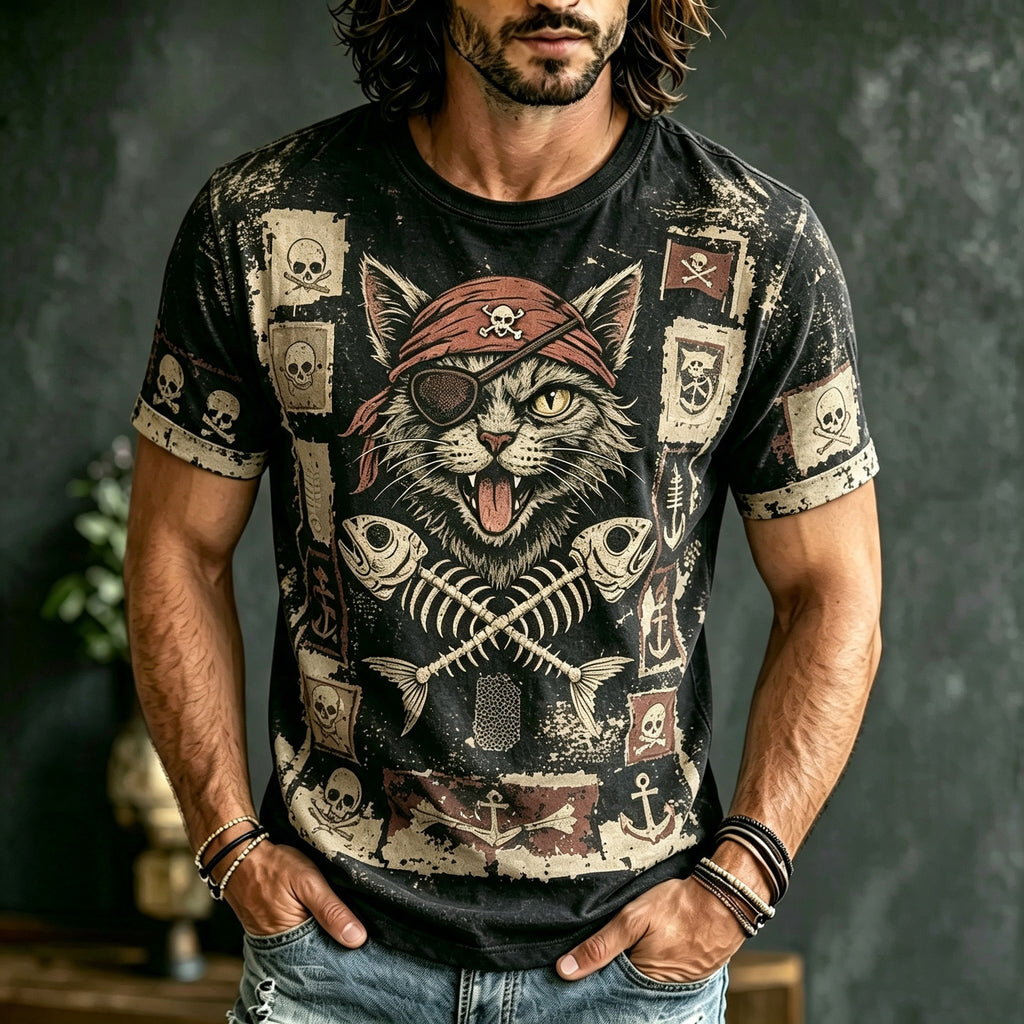 Men's Retro Cat Print Cotton Linen T-shirt