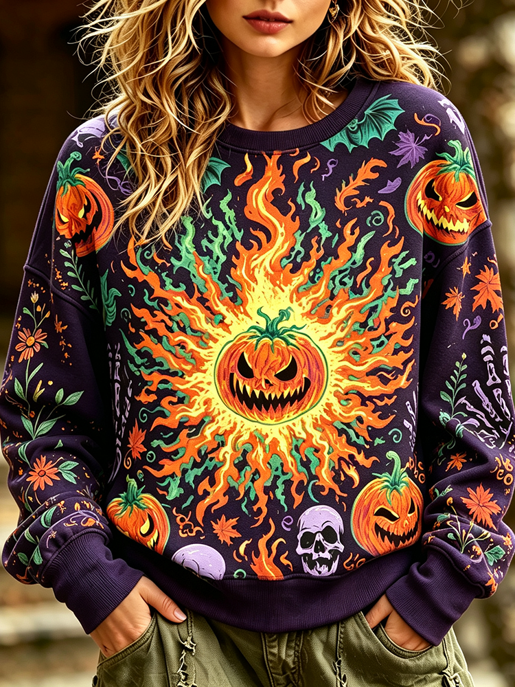 Women's Crewneck Sweatshirt With Pumpkin Sun And Floral Pattern