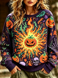Women's Crewneck Sweatshirt With Pumpkin Sun And Floral Pattern