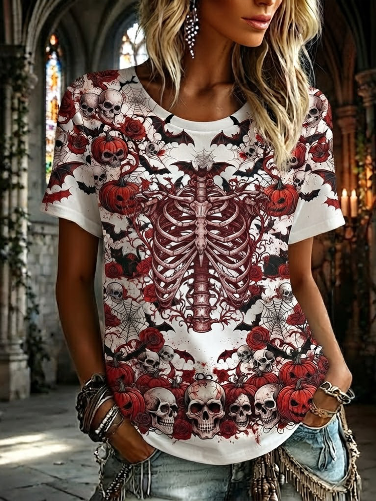 Women's Gothic Skeleton Ribcage, Pumpkin And Skull Print Short Sleeve T-shirt