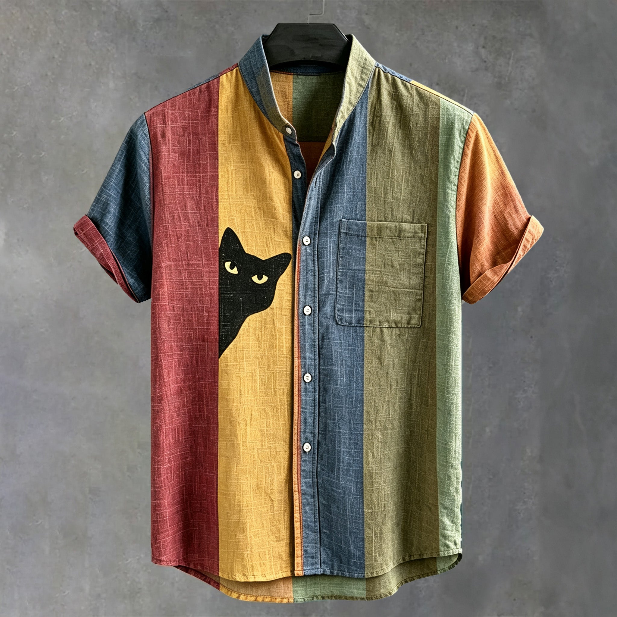 Men's Vintage Black Cat Contrast Stripes Art Short Sleeve Shirt