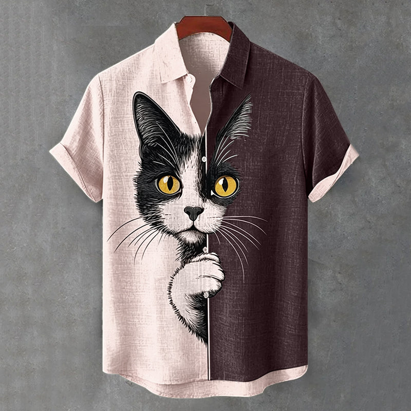 Men's  The Peeping Cat Colorblock Art Casual Short Sleeve Shirts