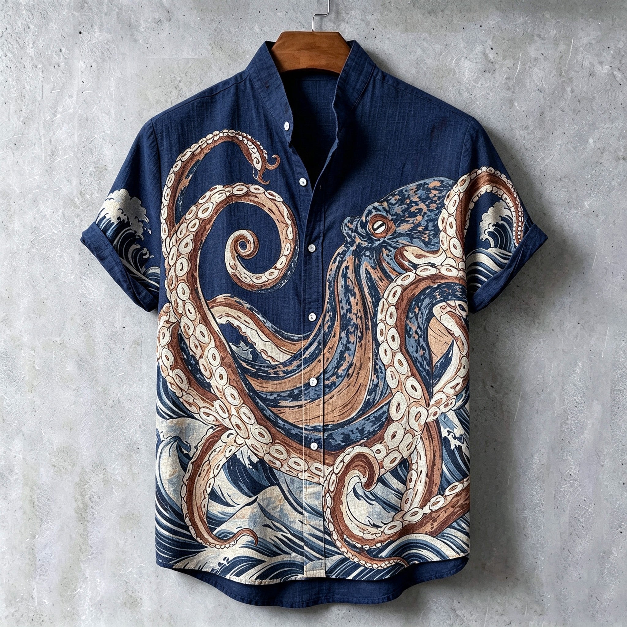 Men's Retro Japanese Art Octopus Print Cotton Linen Short-sleeve Shirt
