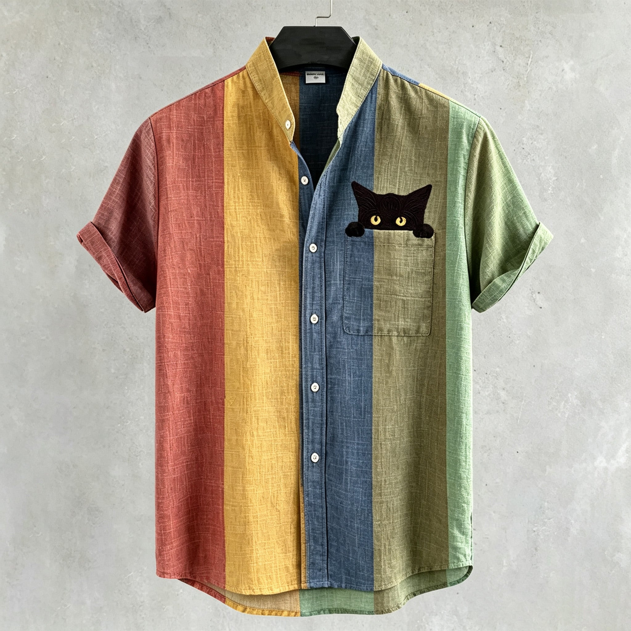 Men's Vintage Peeking Black Cat Contrast Stripes Art Casual Shirt