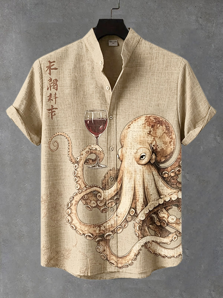 Men's Octopus Drinking Red Wine Art Print Casual Shirt