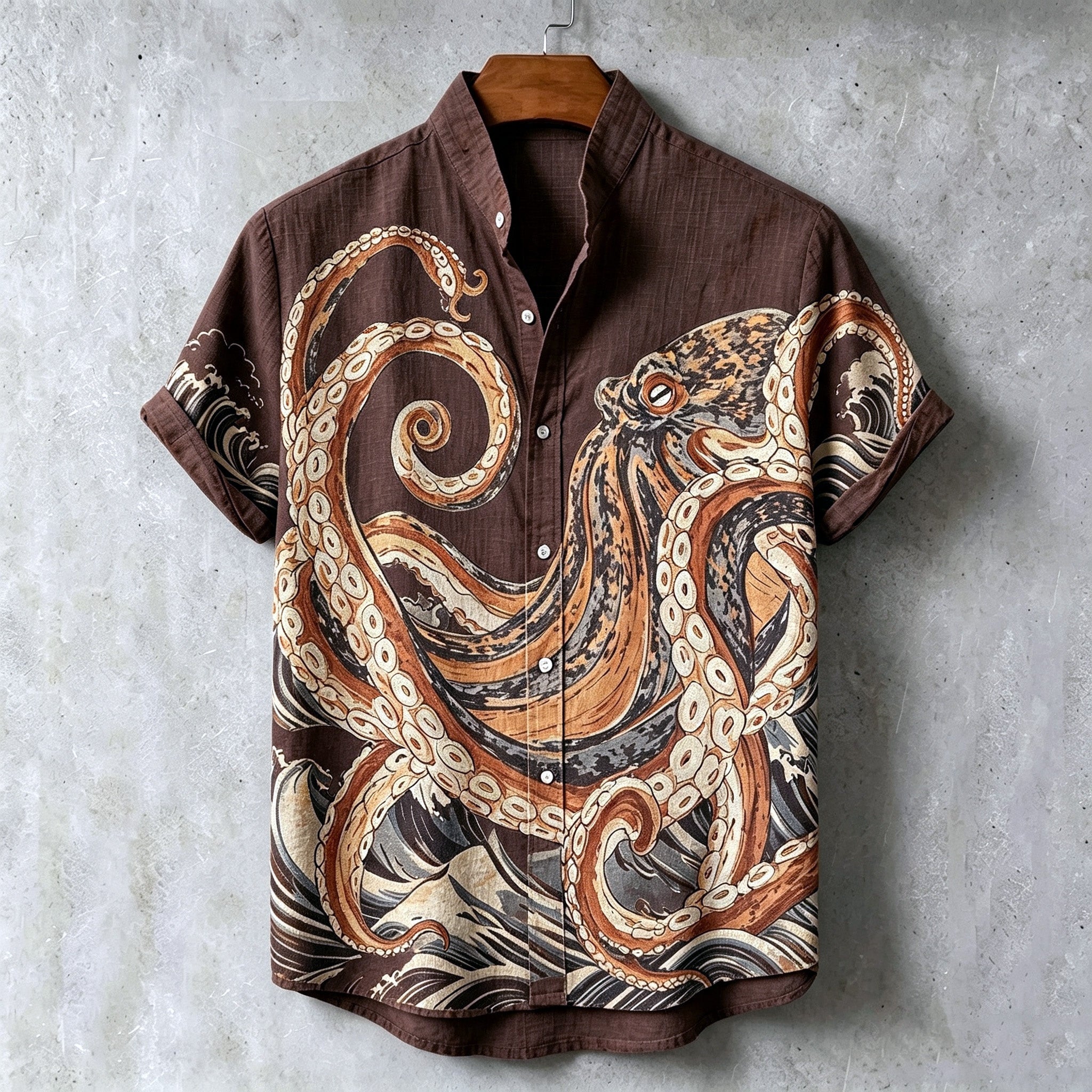 Men's Retro Japanese Art Octopus Print Cotton Linen Short-sleeve Shirt