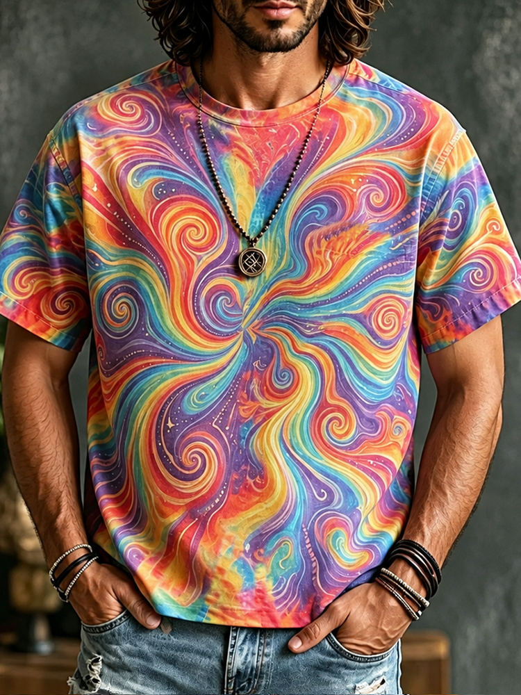Men's Casual Crewneck T-shirt With Colorful Psychedelic Swirl And Marble Fluid Art Print