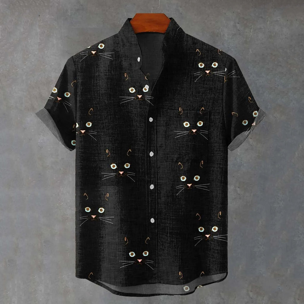Men's Retro Cat Print Casual Linen Blend Short-sleeve Shirt