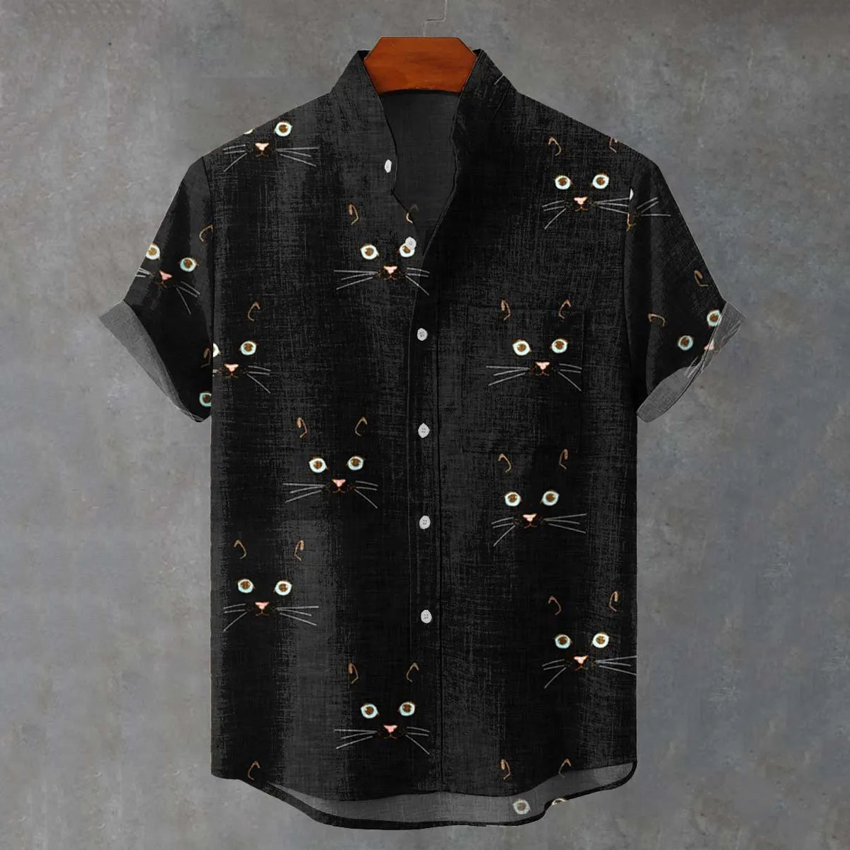 Men's Retro Cat Print Casual Linen Blend Short-sleeve Shirt