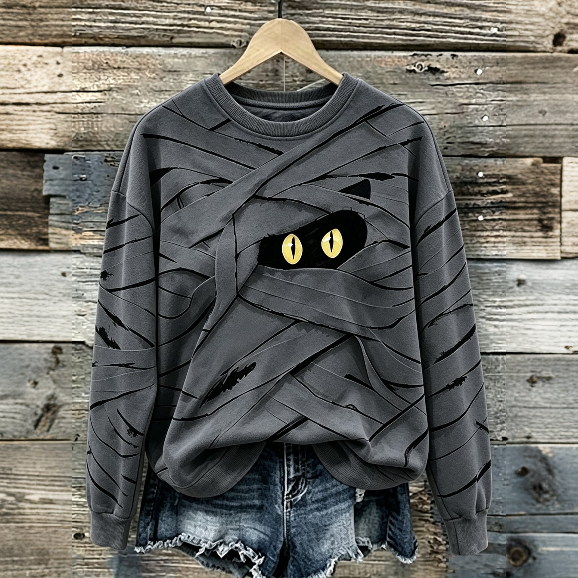 Women's Halloween Cute Mummy Black Cat Cartoon Style Print Casual Sweatshirt