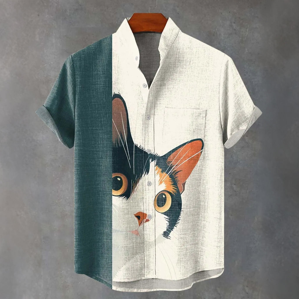Men's Cat Looking Print Linen Blend Casual Shirt