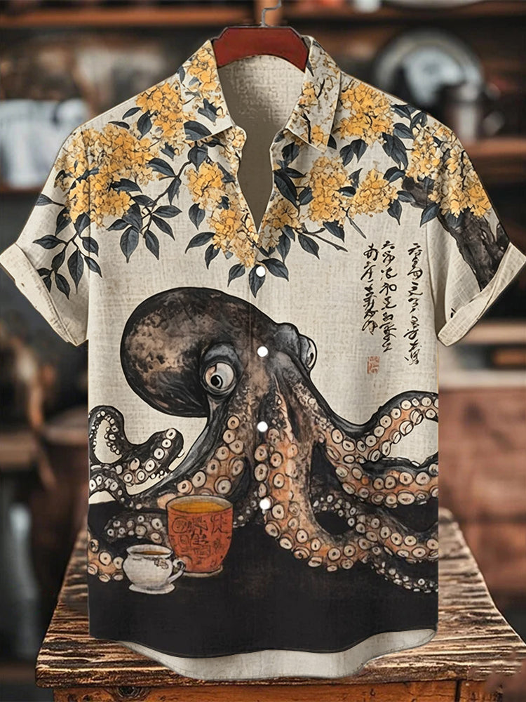 Men's Octopus Drinking Tea Under The Osmanthus Tree Art Print Short Sleeve Shirt