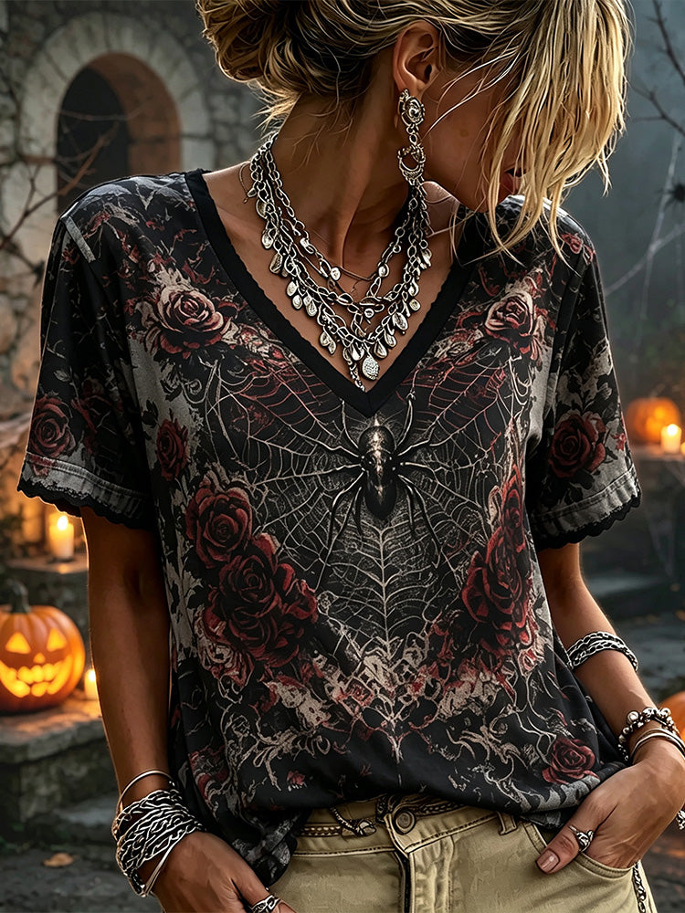 Women's Retro Dark Gothic Style Halloween Spider And Red Rose Pattern V-neck Short-sleeved T-shirt