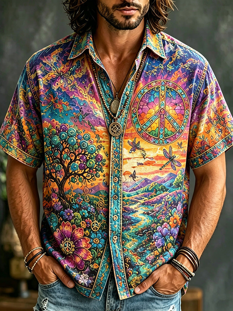 Men's Retro Hippie Psychedelic Peace Symbol Tree Of Life Floral Short Sleeve Shirt