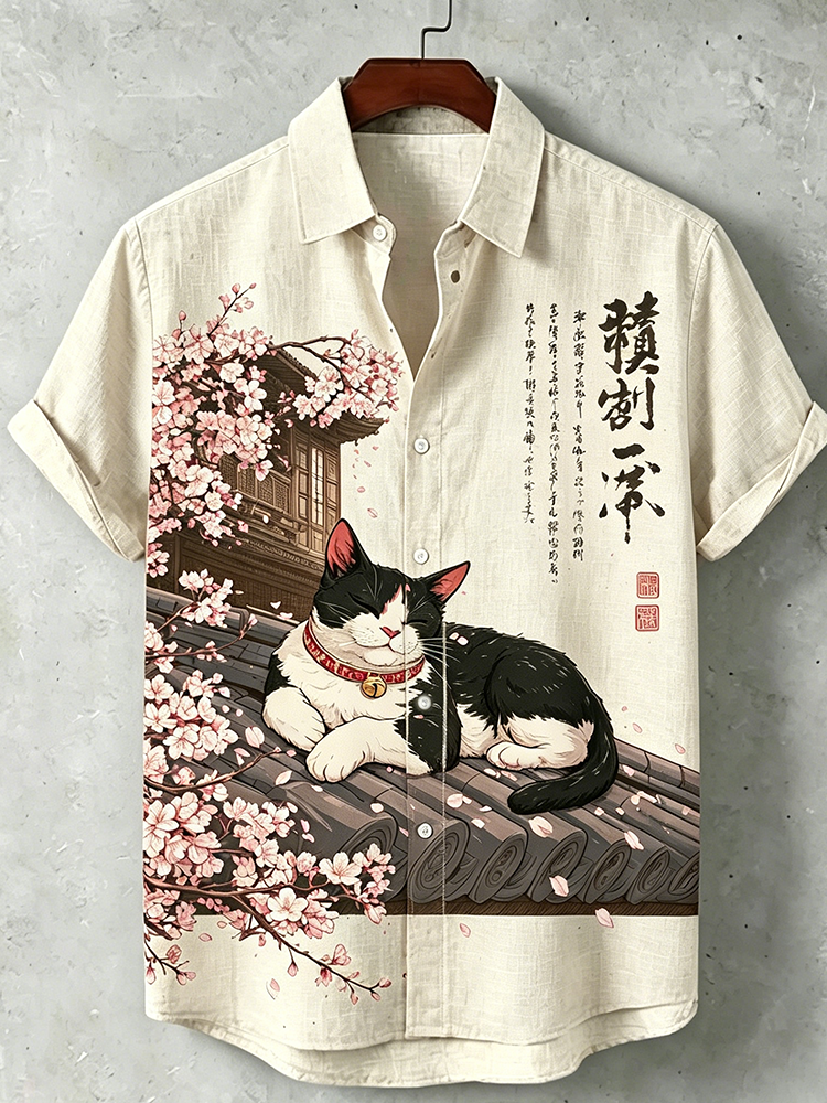 Men's Japanese Ukiyo-style Short Sleeve Button-down Shirt With Cat On Roof And Cherry Blossom Print