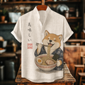 Men's Funny Shiba Inu Eating Ramen Noodles Japanese Art Print Short Sleeve Linen Shirt