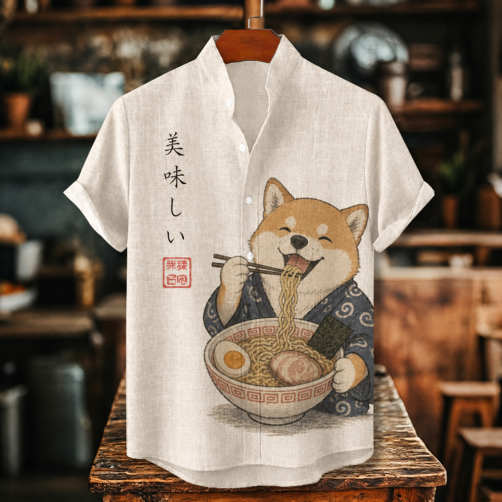 Men's Funny Shiba Inu Eating Ramen Noodles Japanese Art Print Short Sleeve Linen Shirt