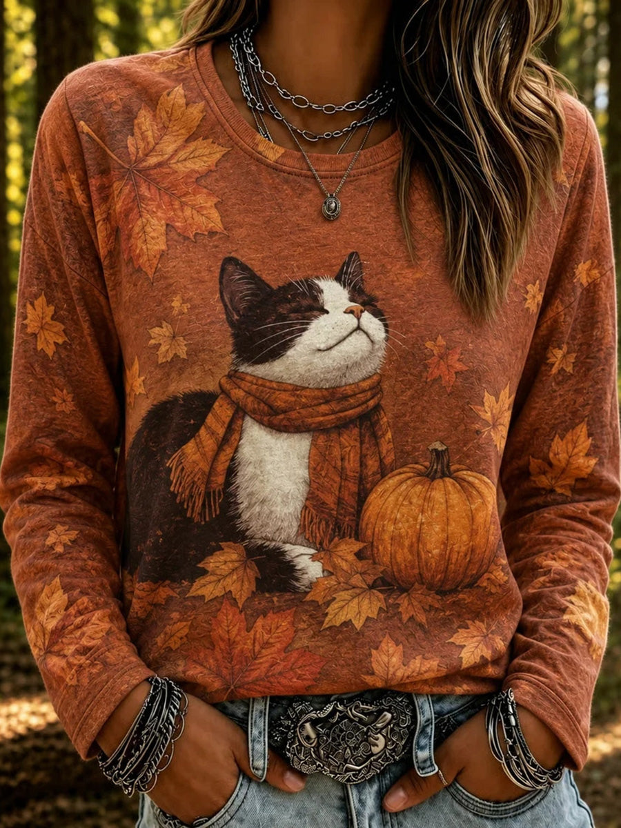 Women's Retro Cat Pumpkin Maple Leaf Print Crew Neck Long Sleeve T-shirt