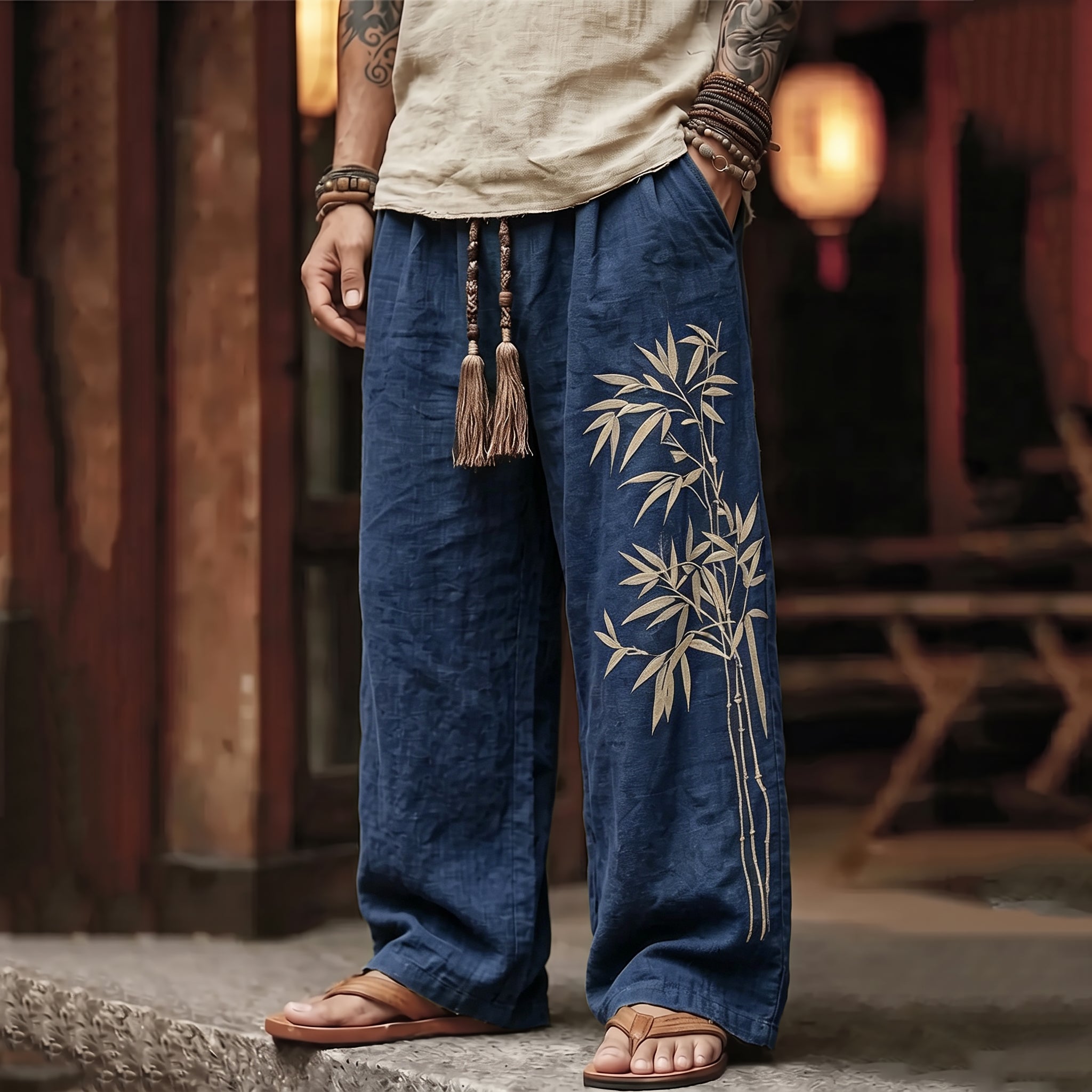 Men's Vintage Japanese Bamboo Art Print Linen Blend Pants