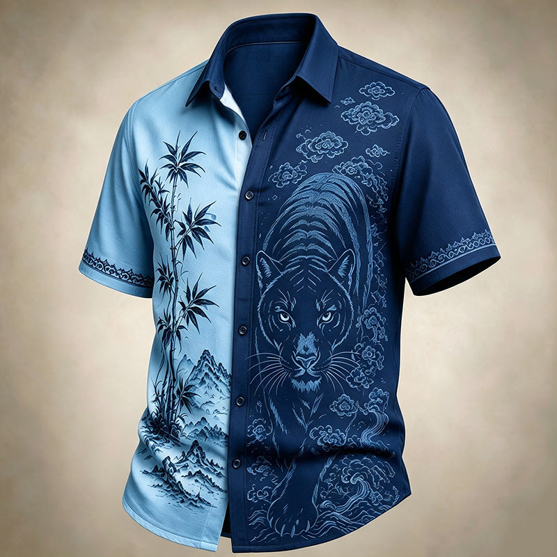Men's Black Panther And Landscape Japanese Art Print Casual Shirt