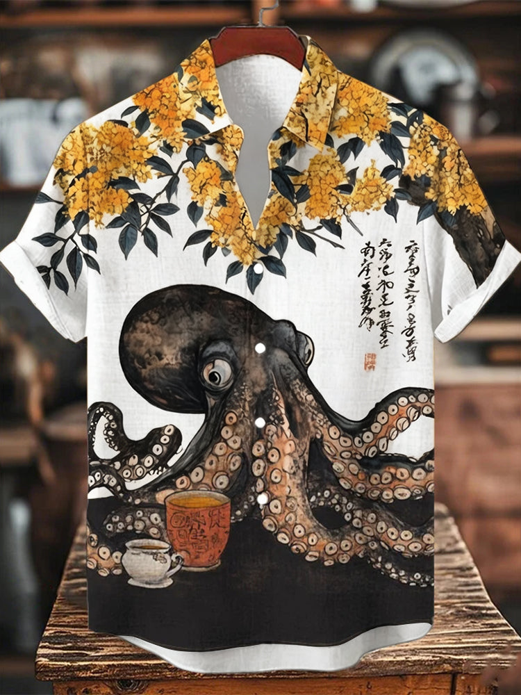 Men's Octopus Drinking Tea Under The Osmanthus Tree Art Print Short Sleeve Shirt